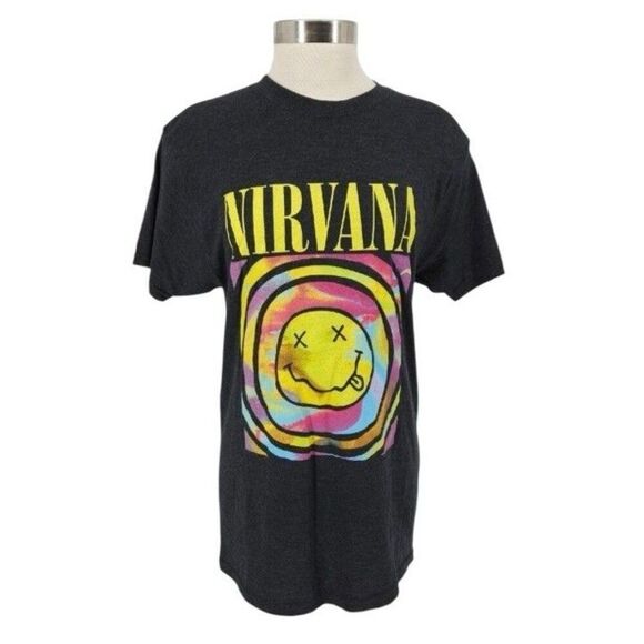 Nirvana Nevermind T-Shirt Smiley Logo Womens Short Sleeve 90s Band Music Gray XS - Picture 3 of 11